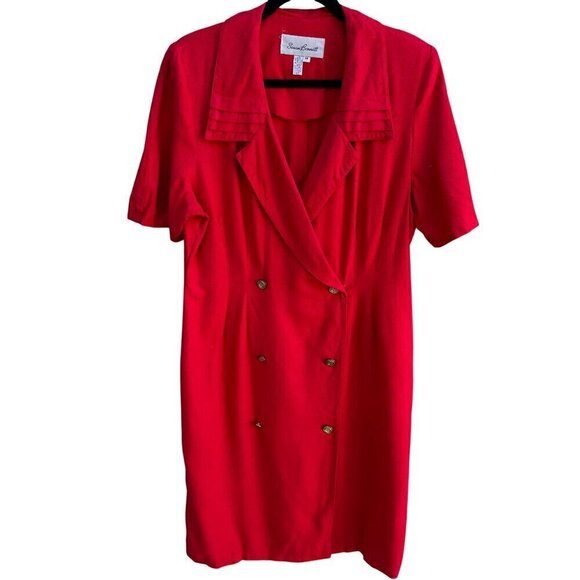 Susan Bennett Vintage Red Double-Breasted Short Sleeves Pleated Collar Dress 14 - Picture 1 of 13